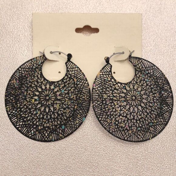 Black Filigree Hoops | Black with Multicolored Flecks | 2” Diameter - Picture 1 of 3